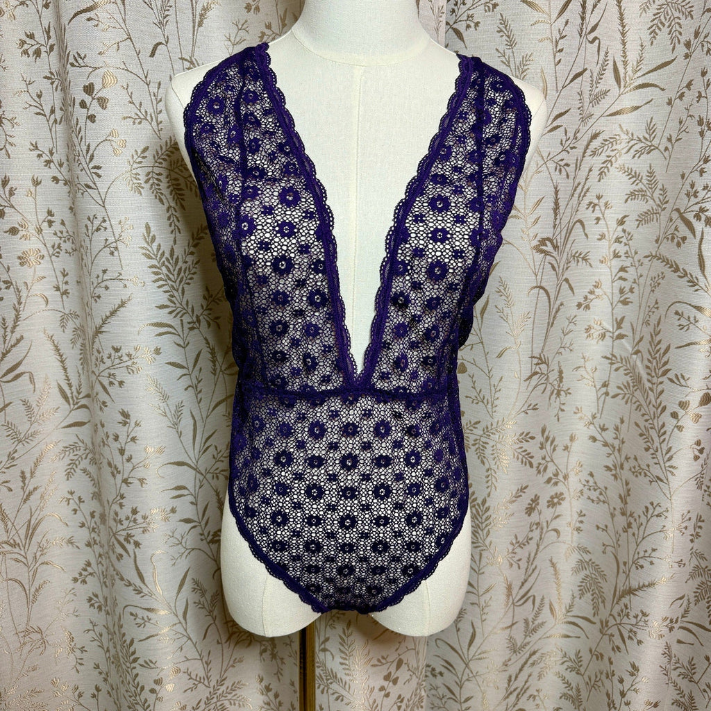Victoria's Secret Purple Lace Halter Teddy Bodysuit L Plunge Romantic Whimsigoth